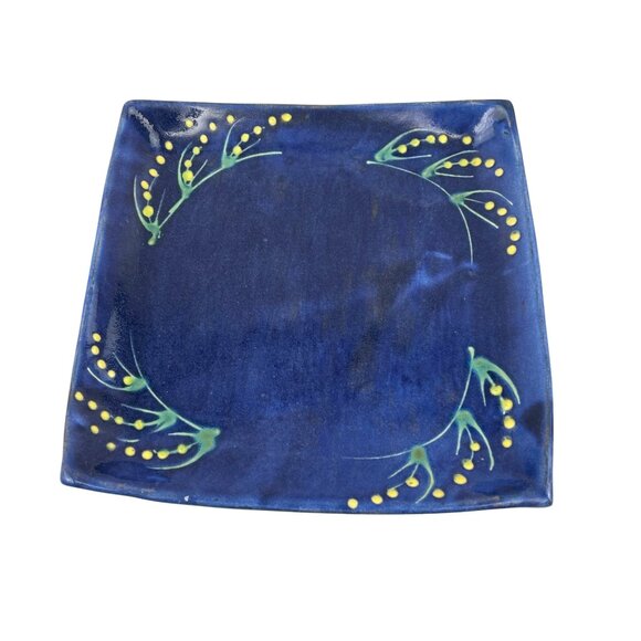 Earthworks BarbadosHandcrafted 8.5" Square Ceramic Plate With Blue & Yellow Flor - Picture 7 of 7